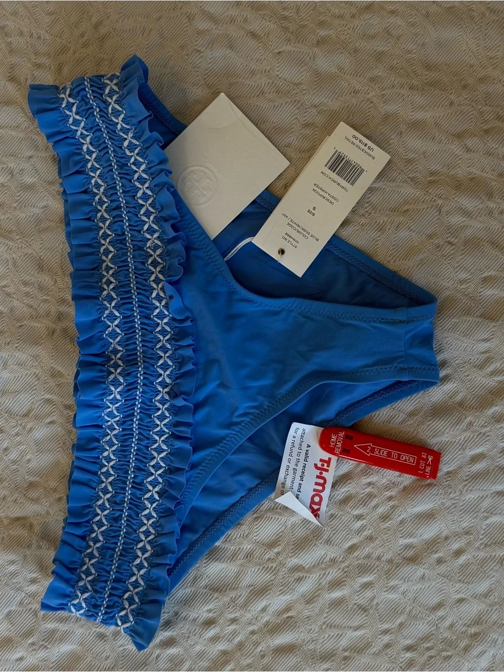 Tory Burch Blue with White Smocked Ruffle Bikini Bottom